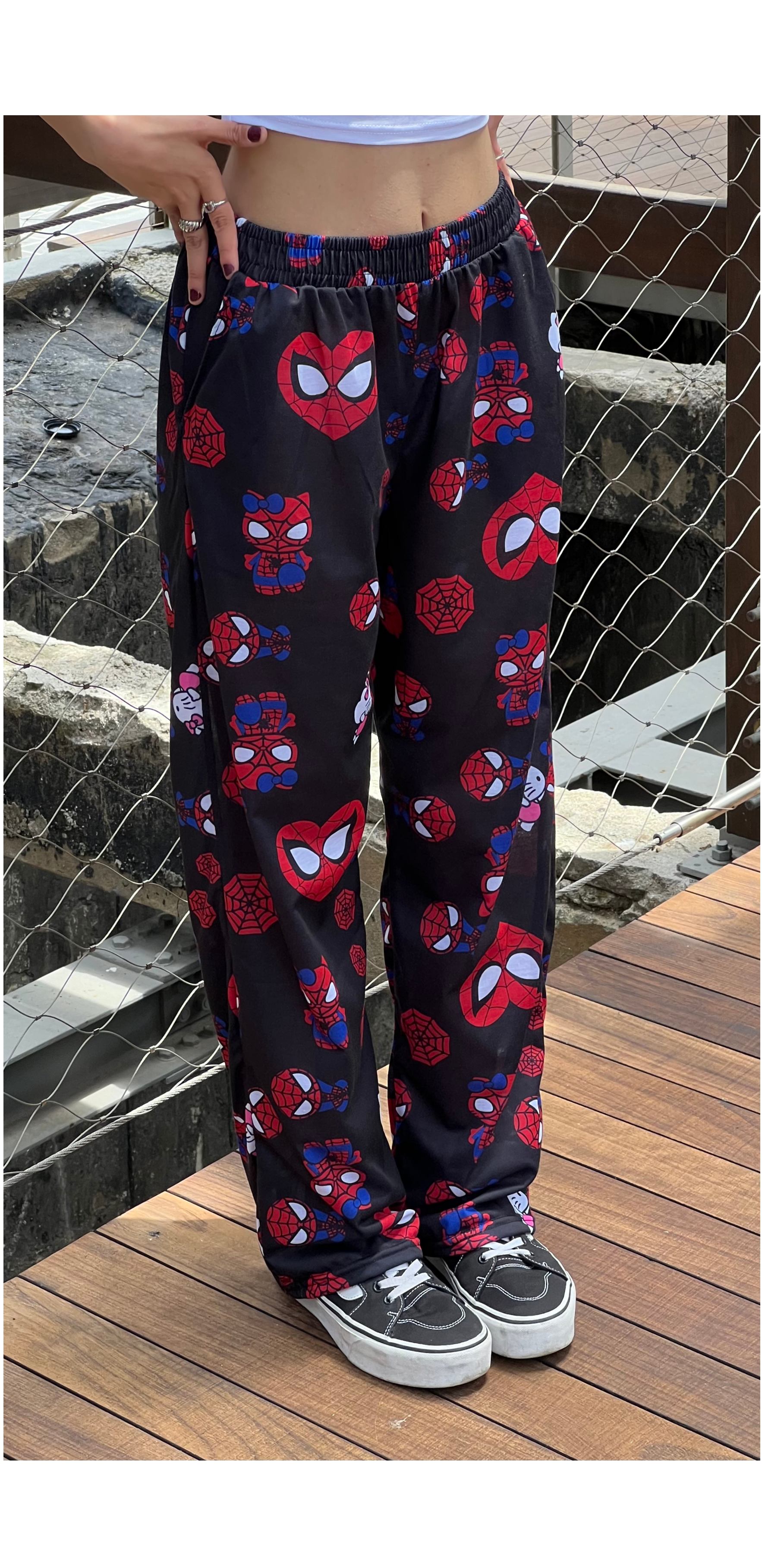 Hello kitty and spiderman black pyjama pants