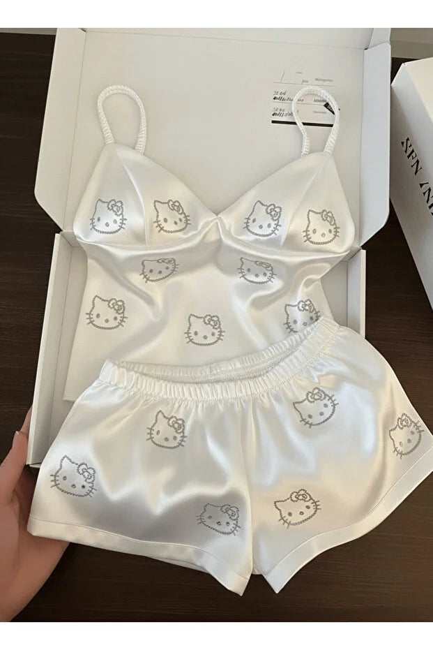white silk hello kitty pyjamas